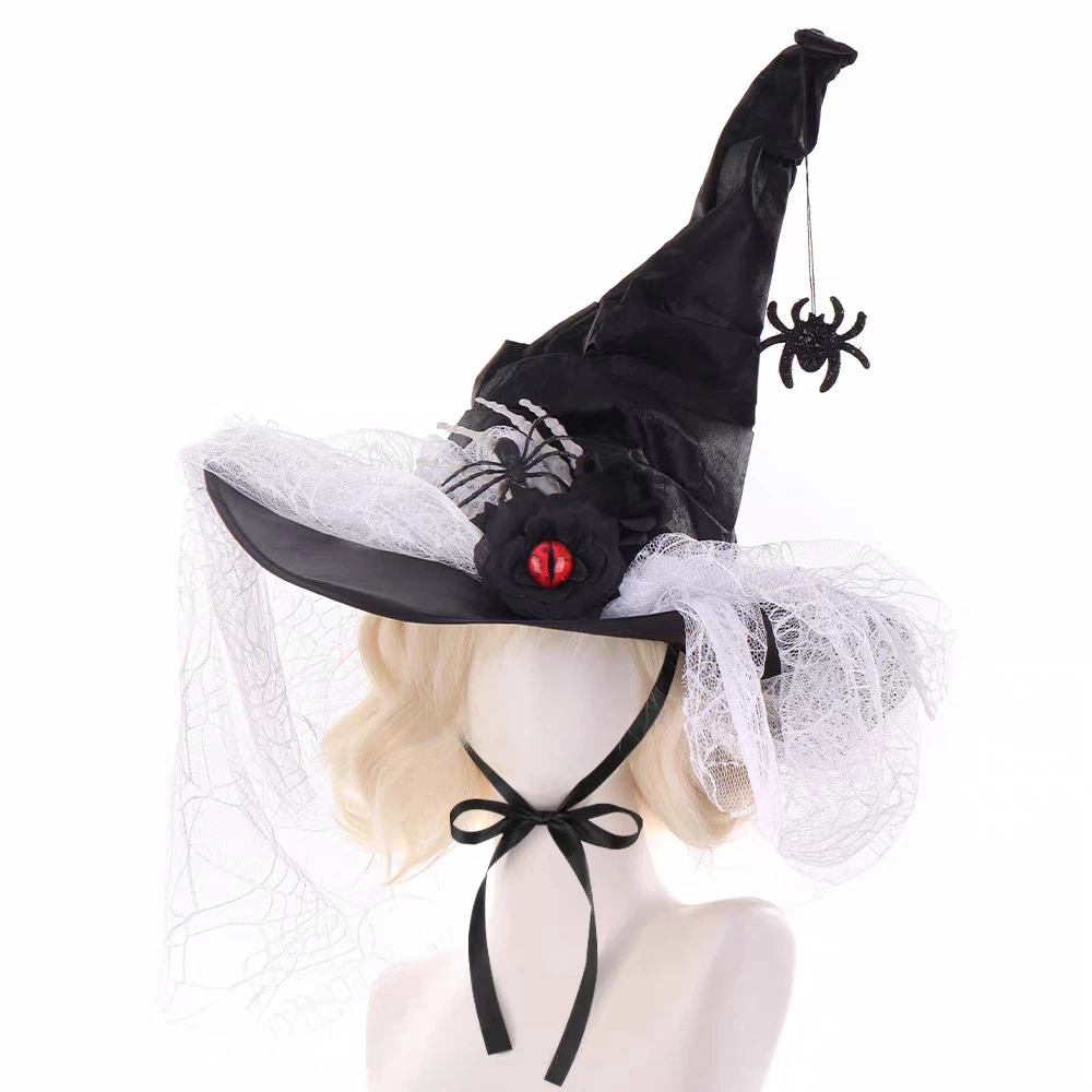 Halloween Witch Hat with Spider & Evil Eye Decor, Lace Veil Wizard Costume Hat
