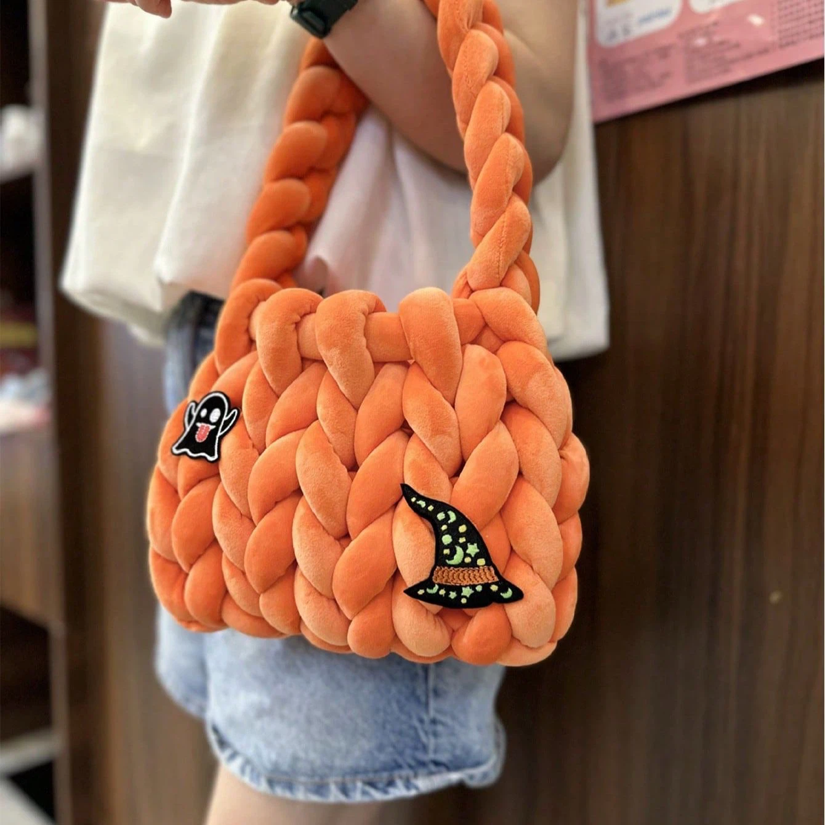 Halloween Chunky Knit Handbag, Ghost Witch Patch Plush Woven Top Handle Bag