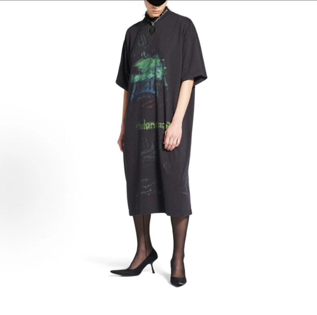 Balenciaga DIY Imprint T-Shirt Midi Dress, Vintage Washed Black Halloween Graffiti Graphic Dress
