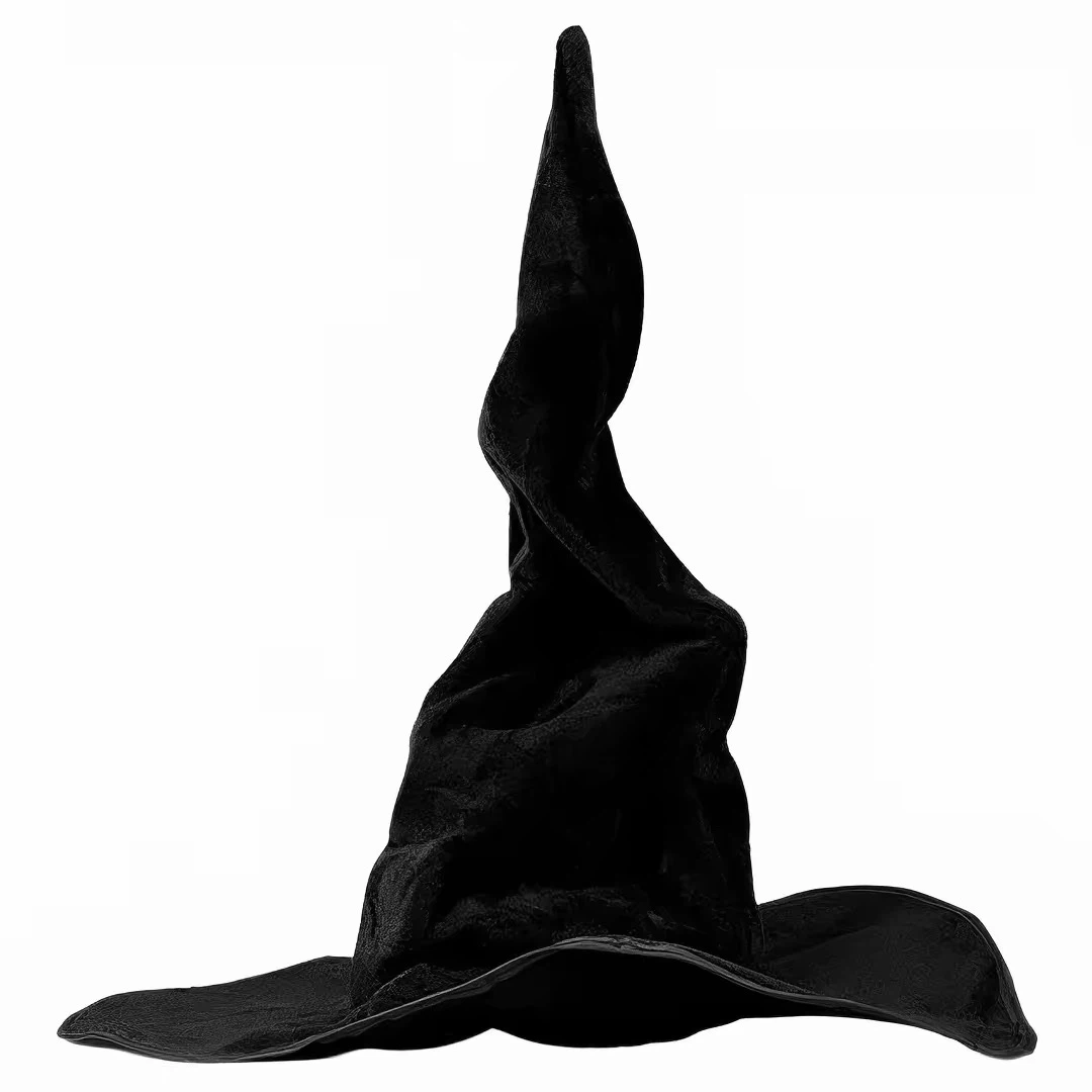 Black Velvet Distressed Witch Hat, Curved Pointed Wizard Halloween Costume Hat