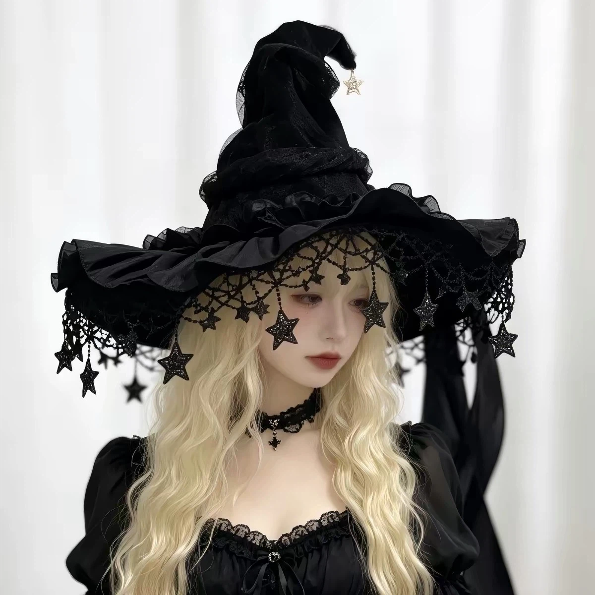 Gothic Lolita Witch Hat with Star & Moon Charms, Ruffled Lace Wizard Hat with Long Ribbon