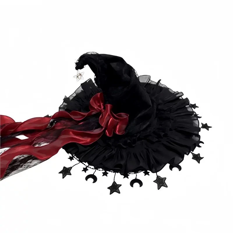 Gothic Lolita Witch Hat with Star & Moon Charms, Ruffled Lace Wizard Hat with Long Ribbon