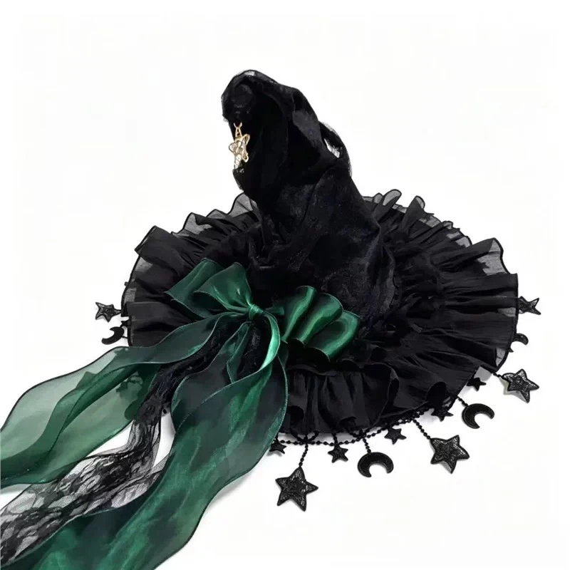 Gothic Lolita Witch Hat with Star & Moon Charms, Ruffled Lace Wizard Hat with Long Ribbon