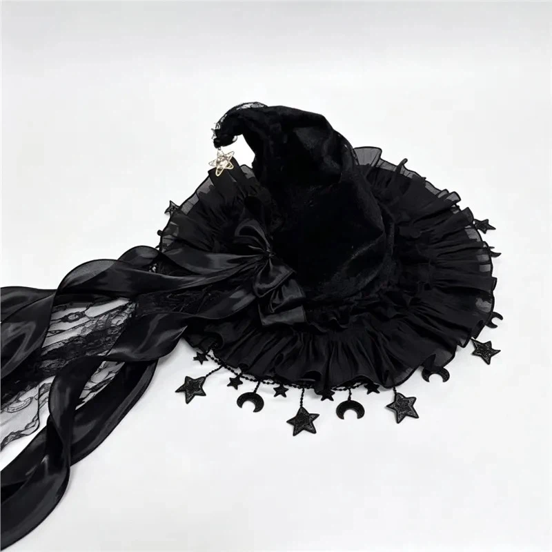 Gothic Lolita Witch Hat with Star & Moon Charms, Ruffled Lace Wizard Hat with Long Ribbon