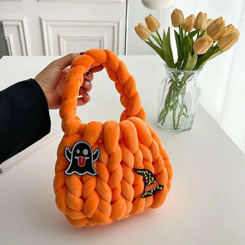 Halloween Chunky Knit Handbag, Ghost Witch Patch Plush Woven Top Handle Bag
