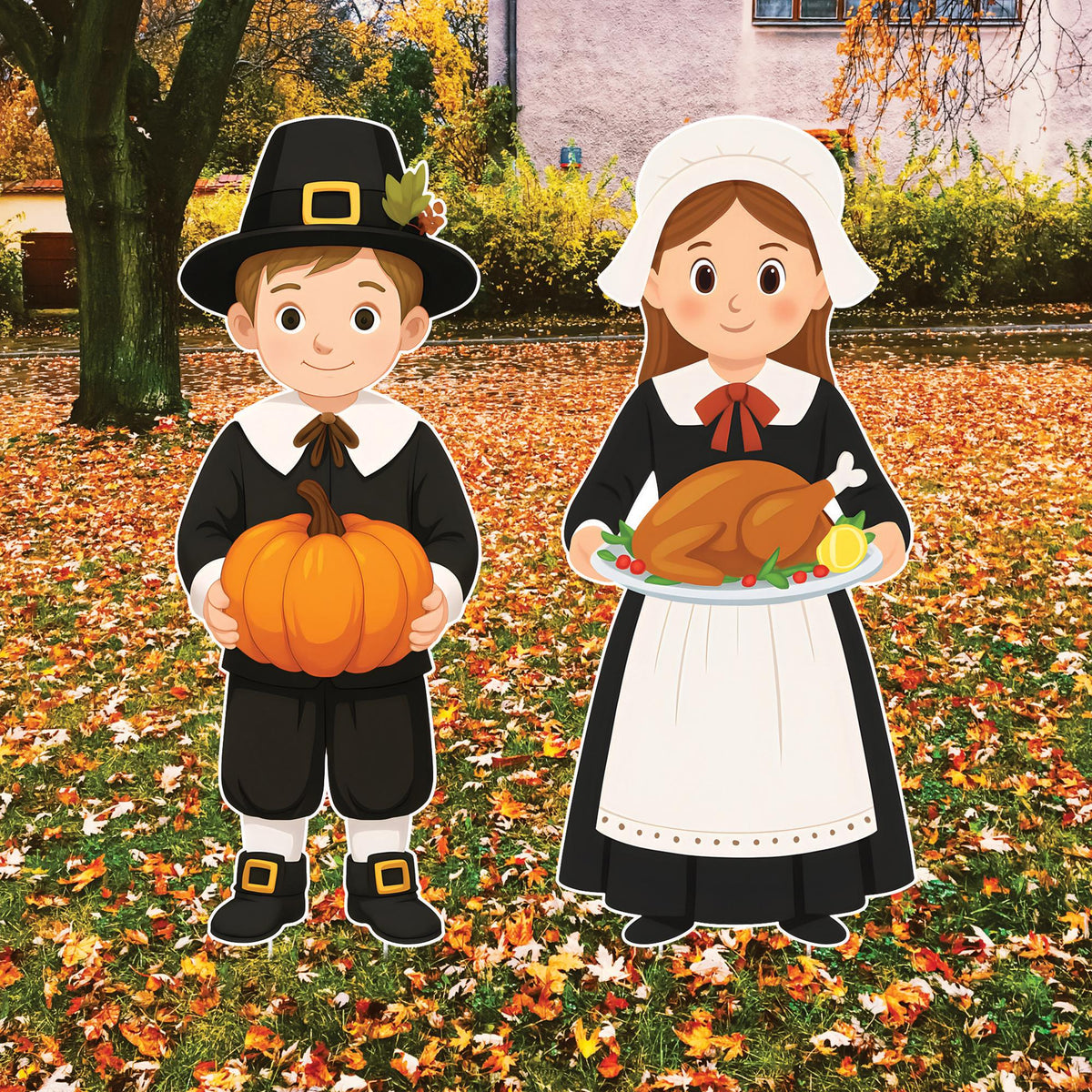 Thanksgiving Pilgrim Yard Signs, Boy and Girl with Pumpkin and Turkey Lawn Decorations, Autumn Harvest Outdoor Garden Patio Fall Décor