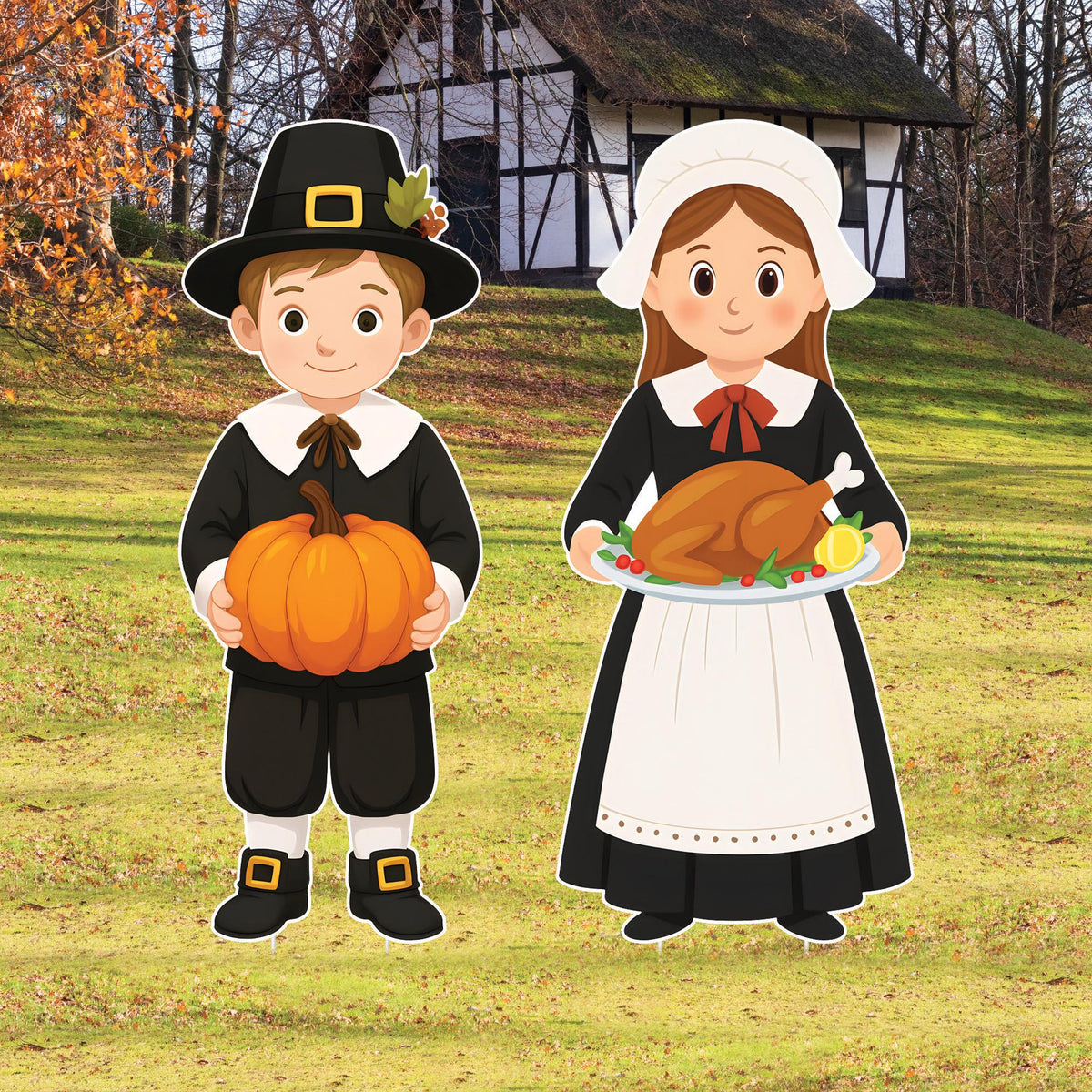 Thanksgiving Pilgrim Yard Signs, Boy and Girl with Pumpkin and Turkey Lawn Decorations, Autumn Harvest Outdoor Garden Patio Fall Décor